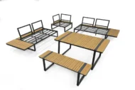 Ciemnoszary narożnik modułowy Cortina z aluminium i Polywood w widoku od strony ogrodu.