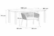 Rysunek techniczny z dokładnymi wymiarami w centymetrach dla stołu ze szklanym blatem oraz krzeseł z serii Notto.