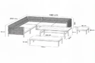 Schemat wymiarów mebli ogrodowych SERTA: narożnik 252 × 190 × 65 cm, stół 140 × 80 cm, ławka 184 × 68 cm oraz pufy 45 × 45 cm – rysunek techniczny